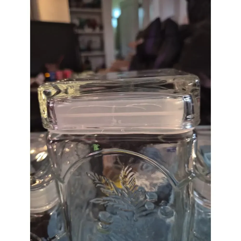 Vintage Libby Embossed Glass Set Of 3 Fruit Cannister Has A Clear Square Body...